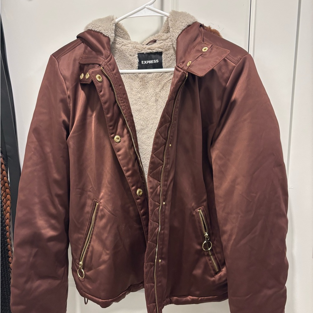 Express satin maroon/brown jacket with cream faux fur lining